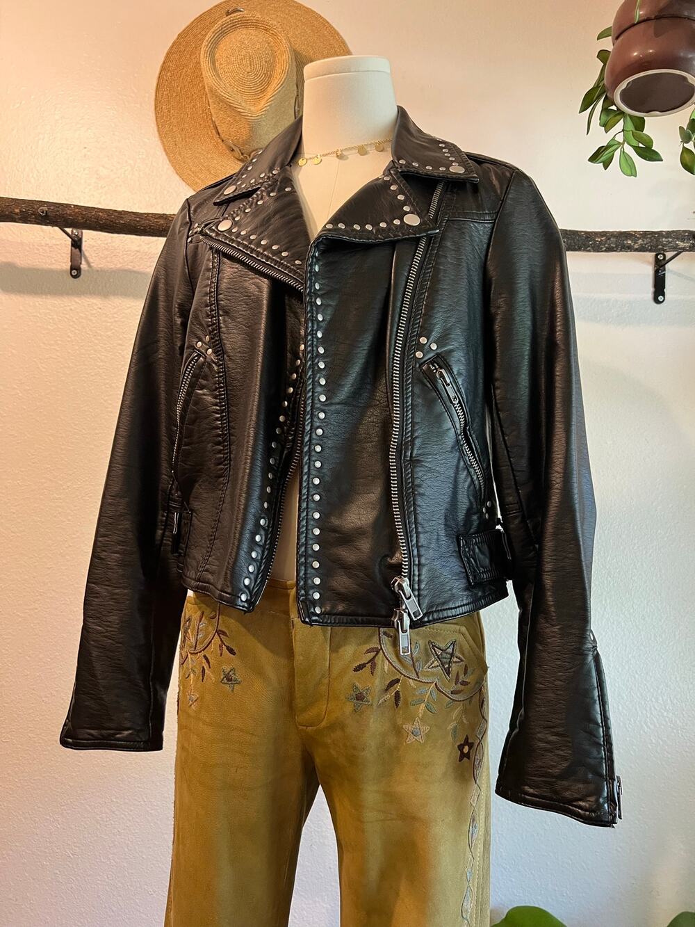 Free People Black Vegan Leather Moto Studded Zip Up Jacket Size XS Oversized